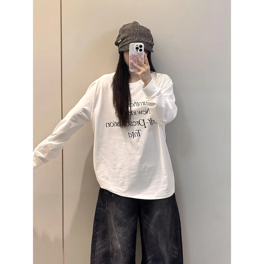 2025夏季新款独特别致字母印花长袖t恤女韩式显瘦设计感休闲上衣