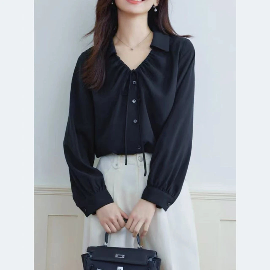 小静折扣~W021L  春装法式知性系带翻领长袖衬衣（卡码拍大）