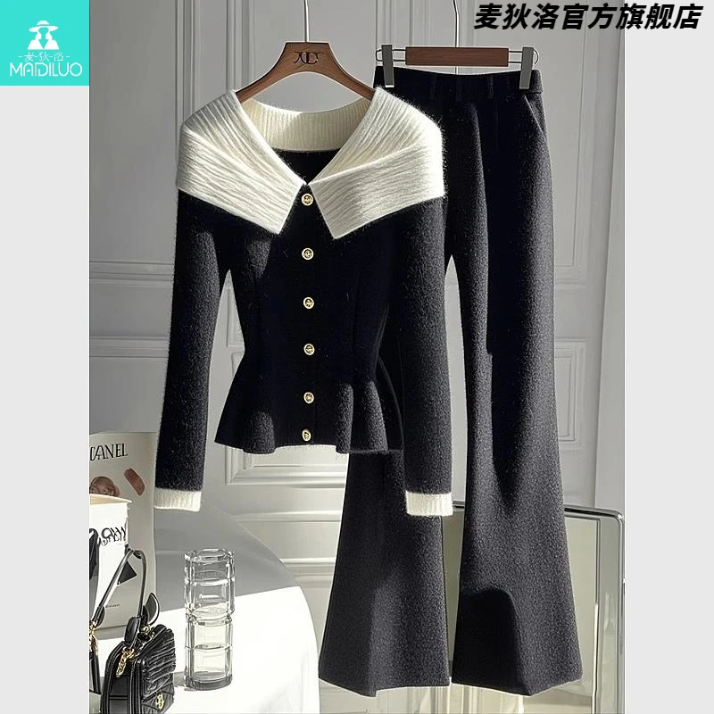 冬季穿搭一整套高级感气质名媛高端小香风黑色翻领毛衣阔腿裤套装