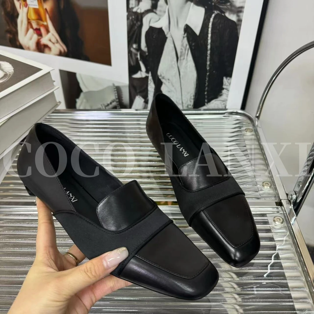 【沐风】气质时尚百搭黑色粗跟高跟方头平底乐福鞋25LF009LX