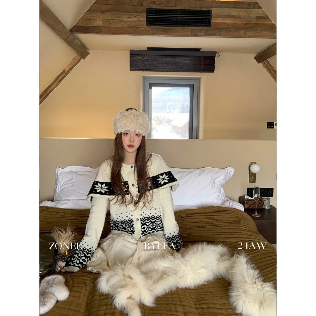 ZONEE 落日金山 法式时髦休闲感斗篷式费尔岛100羊毛开衫毛衣