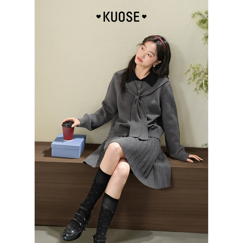 阔色灰色毛衣裙子两件套2025新款女学院miu系针织套装KSH2412021