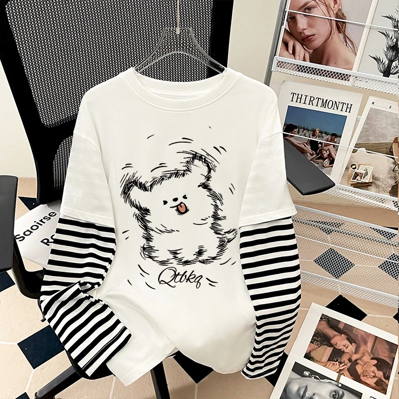 2025秋装新款卡通飞机小狗男女童拼接长袖T恤宽松慵懒风学生上衣