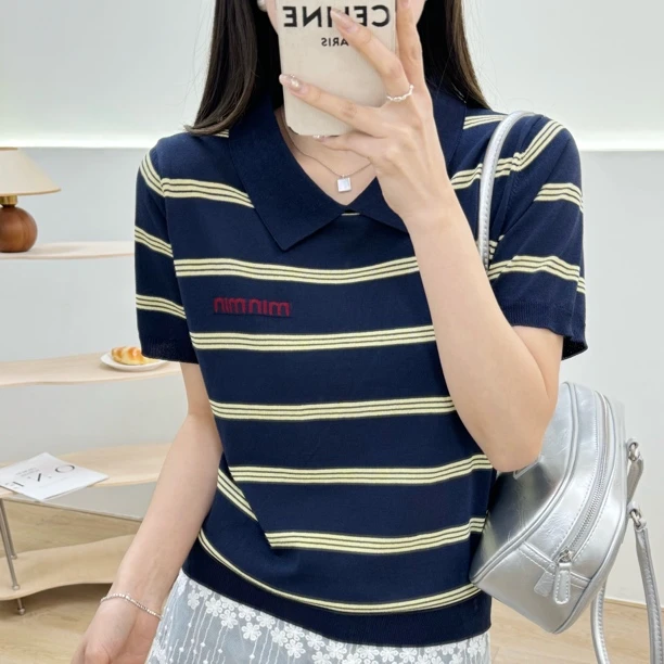 夏季条纹撞色字母时尚轻奢POLO领短袖针织衫气质显瘦T恤上衣3361