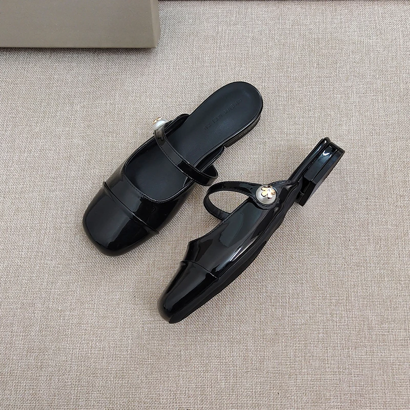 珍珠方头包头半拖鞋女外穿夏季小香风玛丽珍懒人穆勒平底大码女鞋