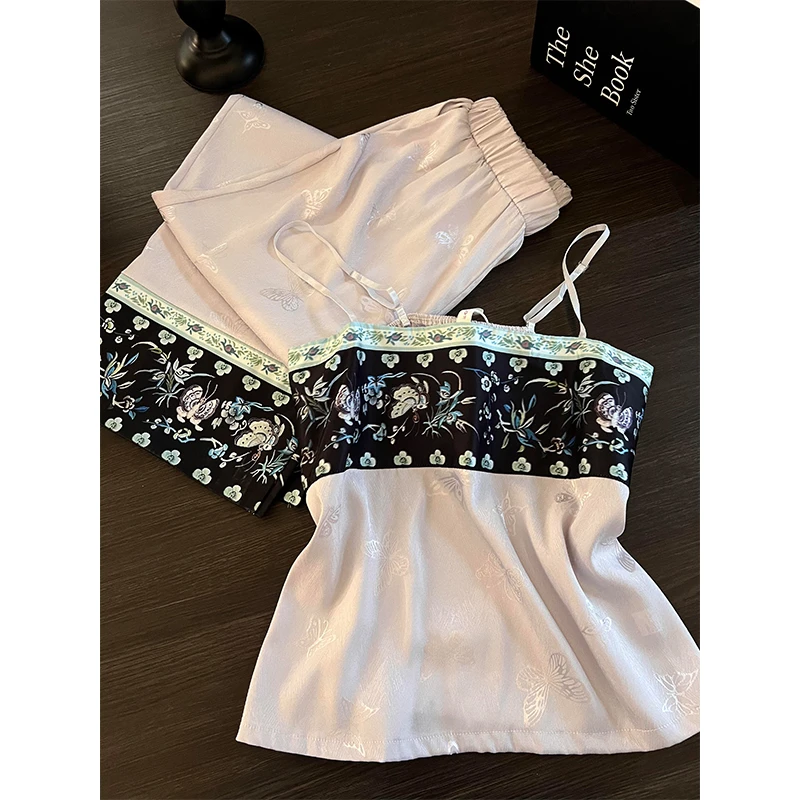 新中式复古休闲花卉缎面冰丝睡衣女秋季爆款吊带长裤可外穿家居服