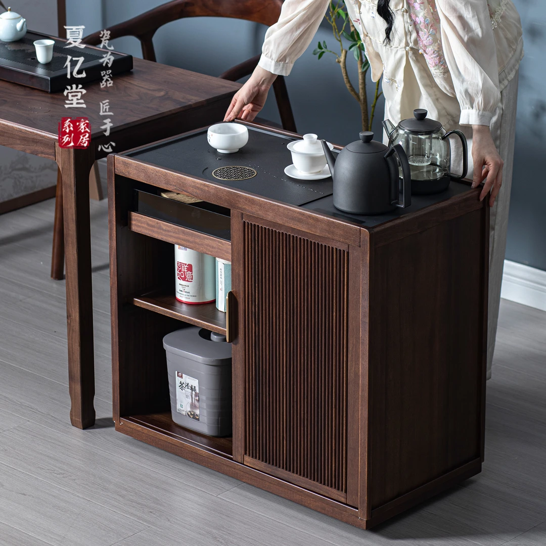 胡桃木茶水柜移动茶水台茶桌侧边柜烧水壶一体边几茶台茶柜置物架