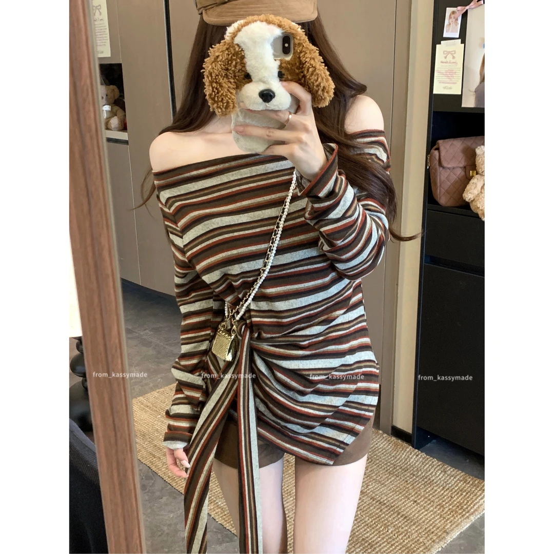 2025秋季温柔风系带一字肩条纹T恤衫不规则法式长袖上衣小众设计