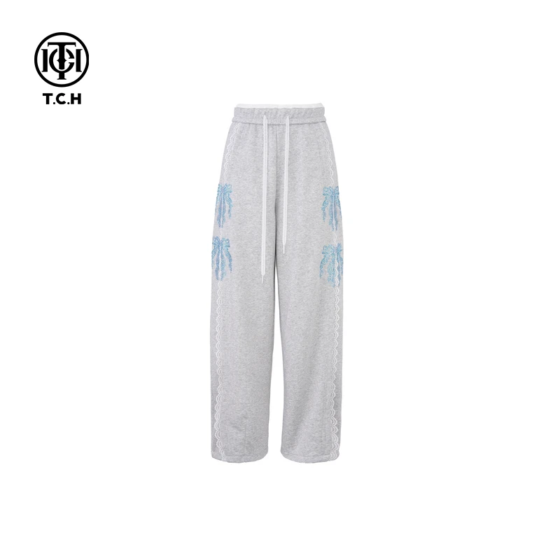 TCH-蝴蝶结烫钻蕾丝时尚休闲长裤T75A20E5033