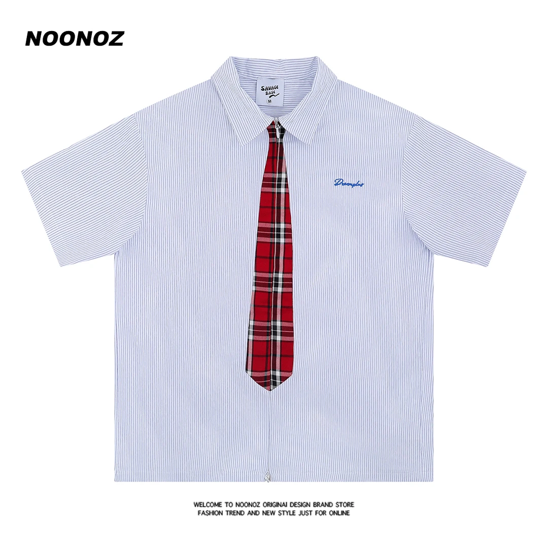 NOONOZ日系复古学院风条纹领带短袖衬衫男夏季潮牌百搭休闲衬衣