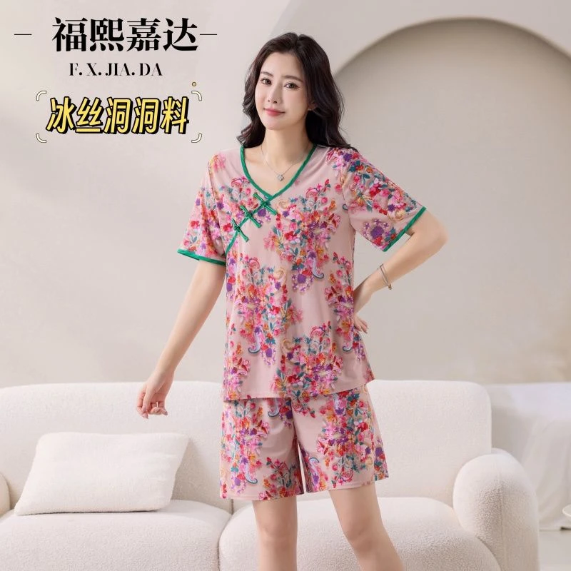 福熙嘉达冰丝薄款新中式睡衣夏季家居服套装短袖短裤V领中国风