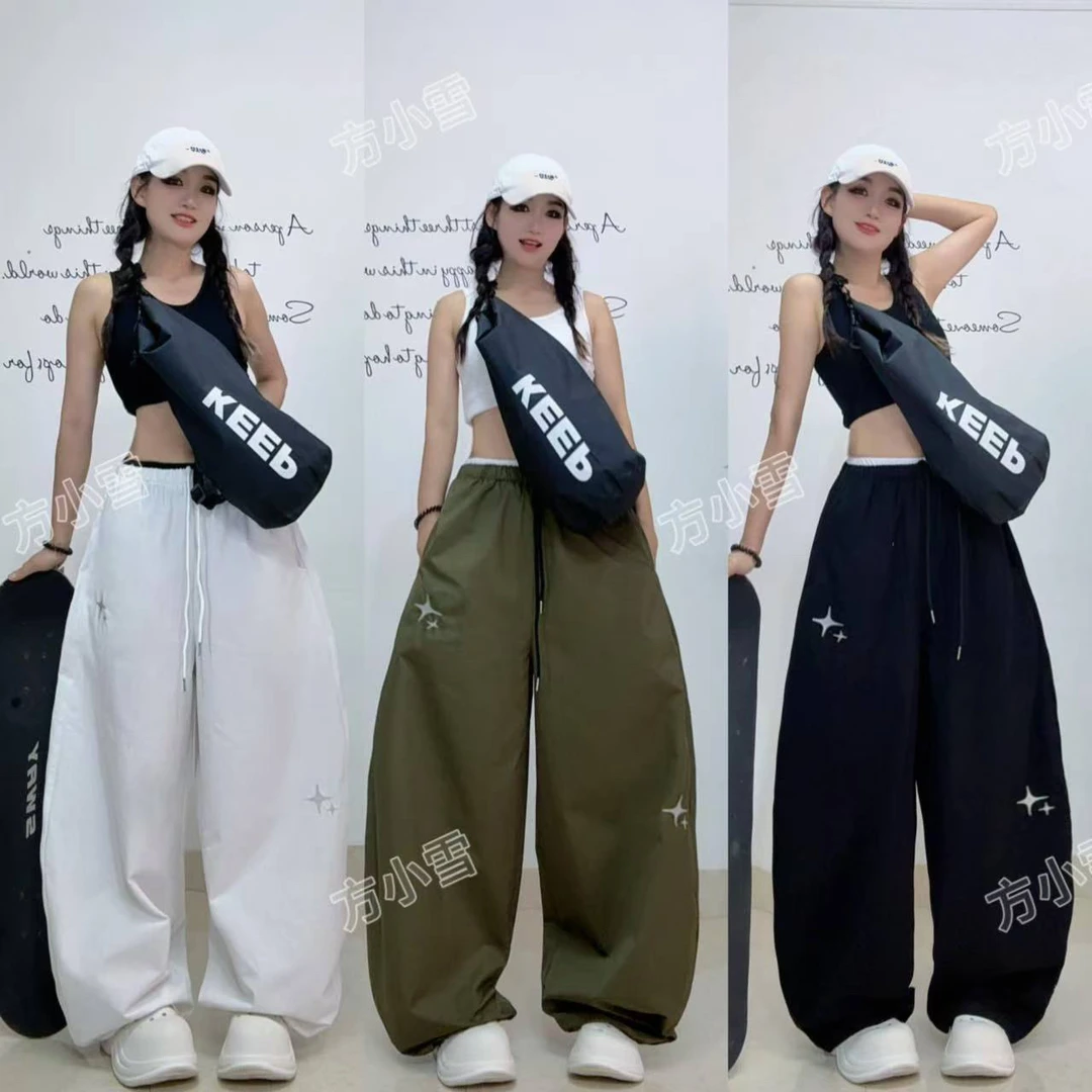2025夏季垂感刺绣潮流时尚舞蹈宽松阔腿裤女松紧高腰舒适休闲裤