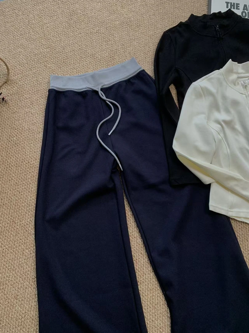 『雨美 Show』0014藏青色拼腰抽绳直筒裤