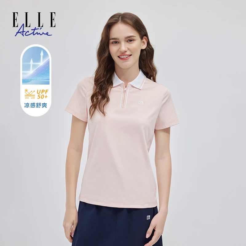 ELLE Active【UPF50+防晒】短袖polo衫减龄半拉链凉感翻领上衣女款