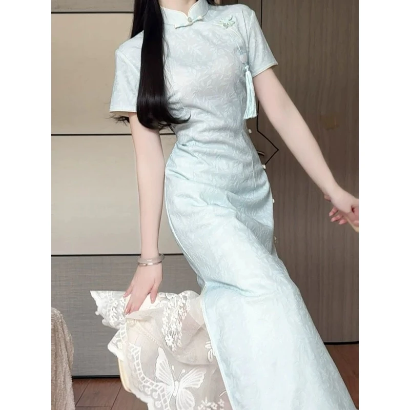 淡蓝色旗袍长款新中式清冷感修身收腰夏季新款年轻少女日常连衣裙
