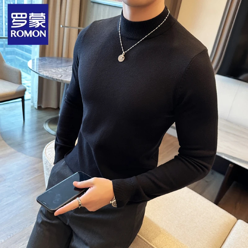 Romon/罗蒙针织衫男半高领秋冬新款男士纯色毛衣修身打底衫上衣