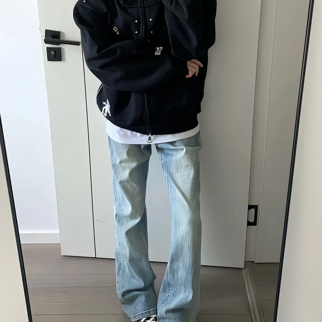 Farsta闪电竹节纹牛仔裤男女秋季美式vibe高街裤子修身直筒微喇裤