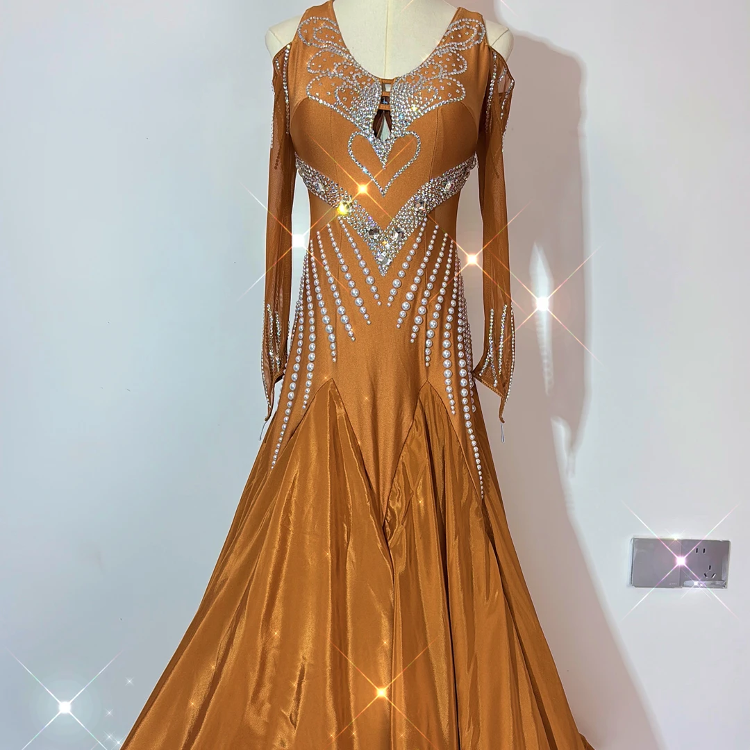 华亦新品深肤色珍珠雪纺摩登舞服套装国标舞服交谊舞跳舞裙连衣裙