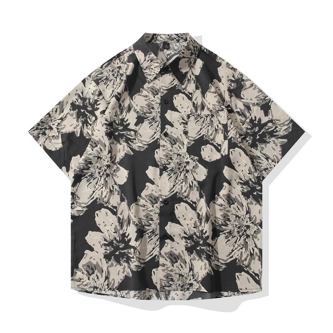 港风凉感休闲衬衣短袖夏季宽松国风印花五分袖男情侣复古大码衬衫