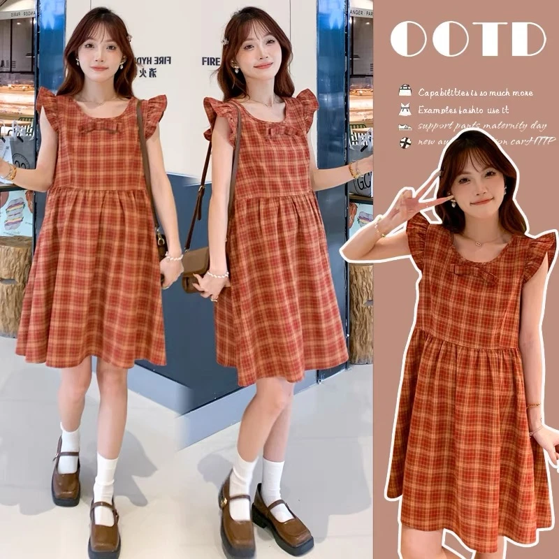 孕妇裙子女夏季2025新款小飞袖格子可爱短款a字小个子连衣裙夏天