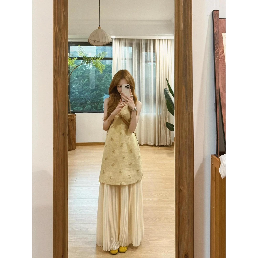 套装女2025夏季新款法式气质蝴蝶结无袖背心连衣裙高腰百褶半身裙