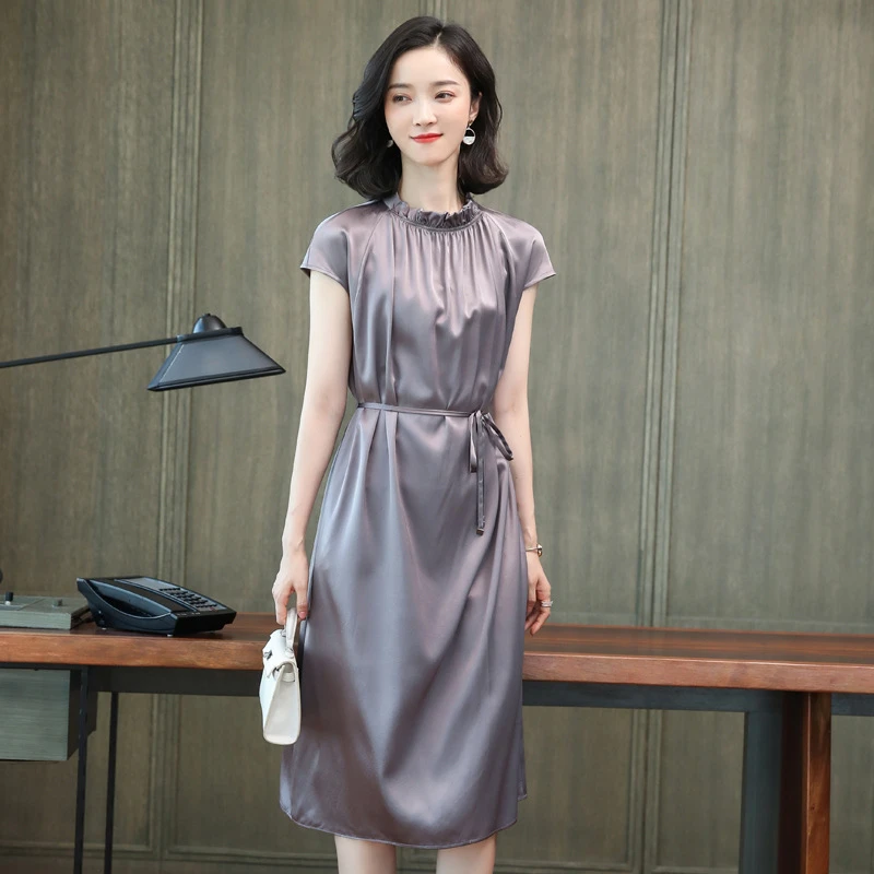 新款弹力丝绸连衣裙时尚纯色桑蚕丝裙子气质通勤女士夏季显瘦显瘦