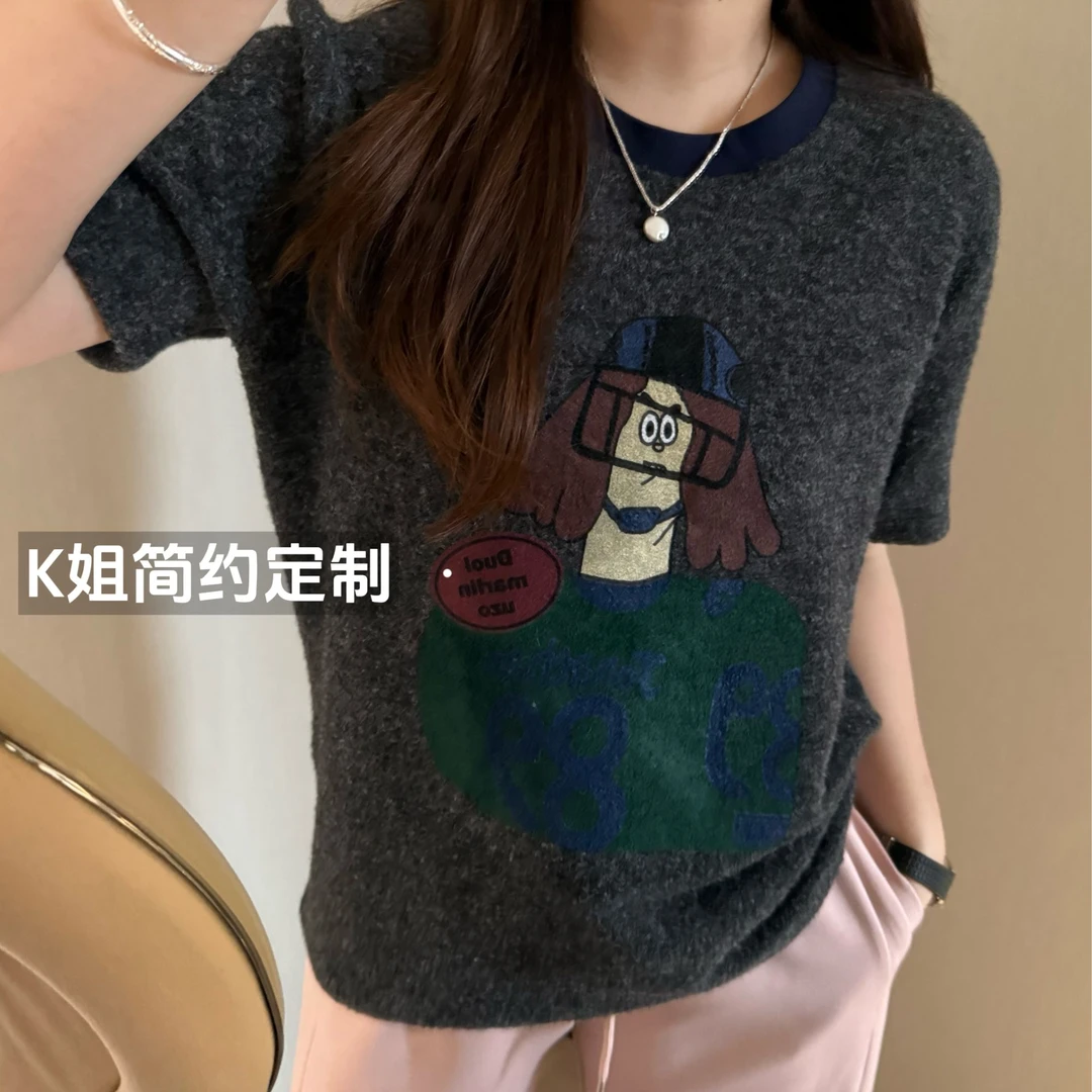 GTNER“KK定制”女春夏季款简约时尚百搭复古宽松磨毛短袖T恤D1736