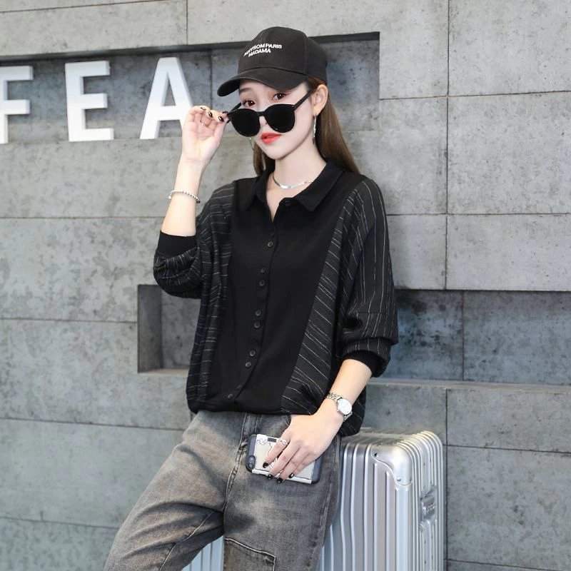 洋气拼接条纹长袖polo领衬衫女春秋气质减龄宽松显瘦休闲百搭上衣