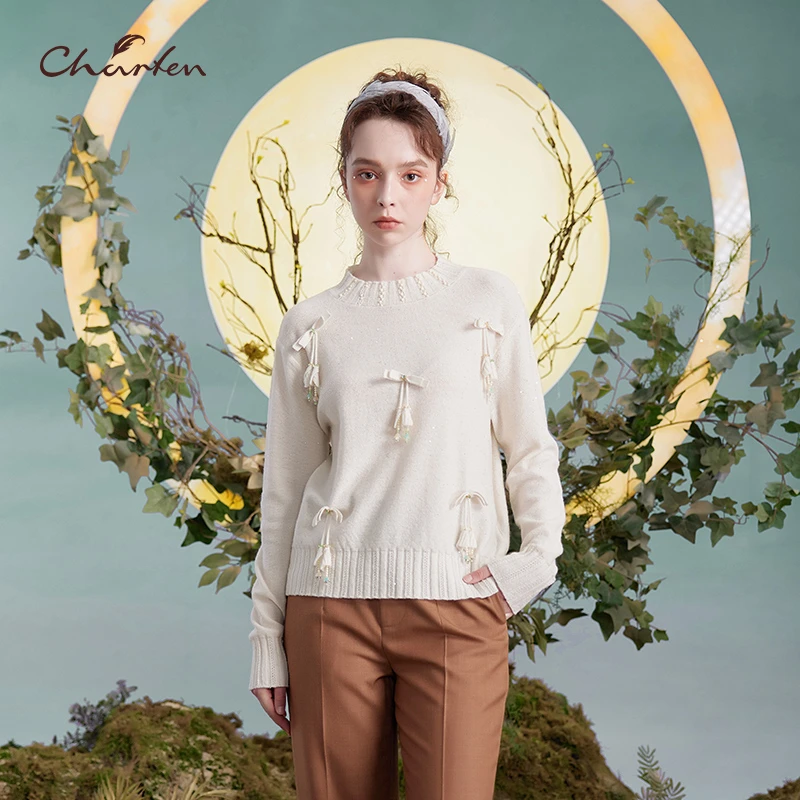 CHARFEN朝峰春秋圆领百搭立体花卉风铃打底上衣CFD3B327-3080C