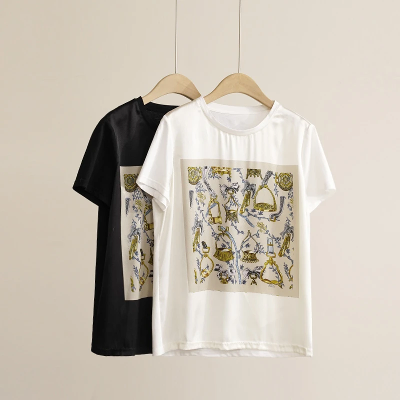 【奈斯专属】21姆米AB面桑蚕丝女士夏季设计感圆领女士T恤（250384）