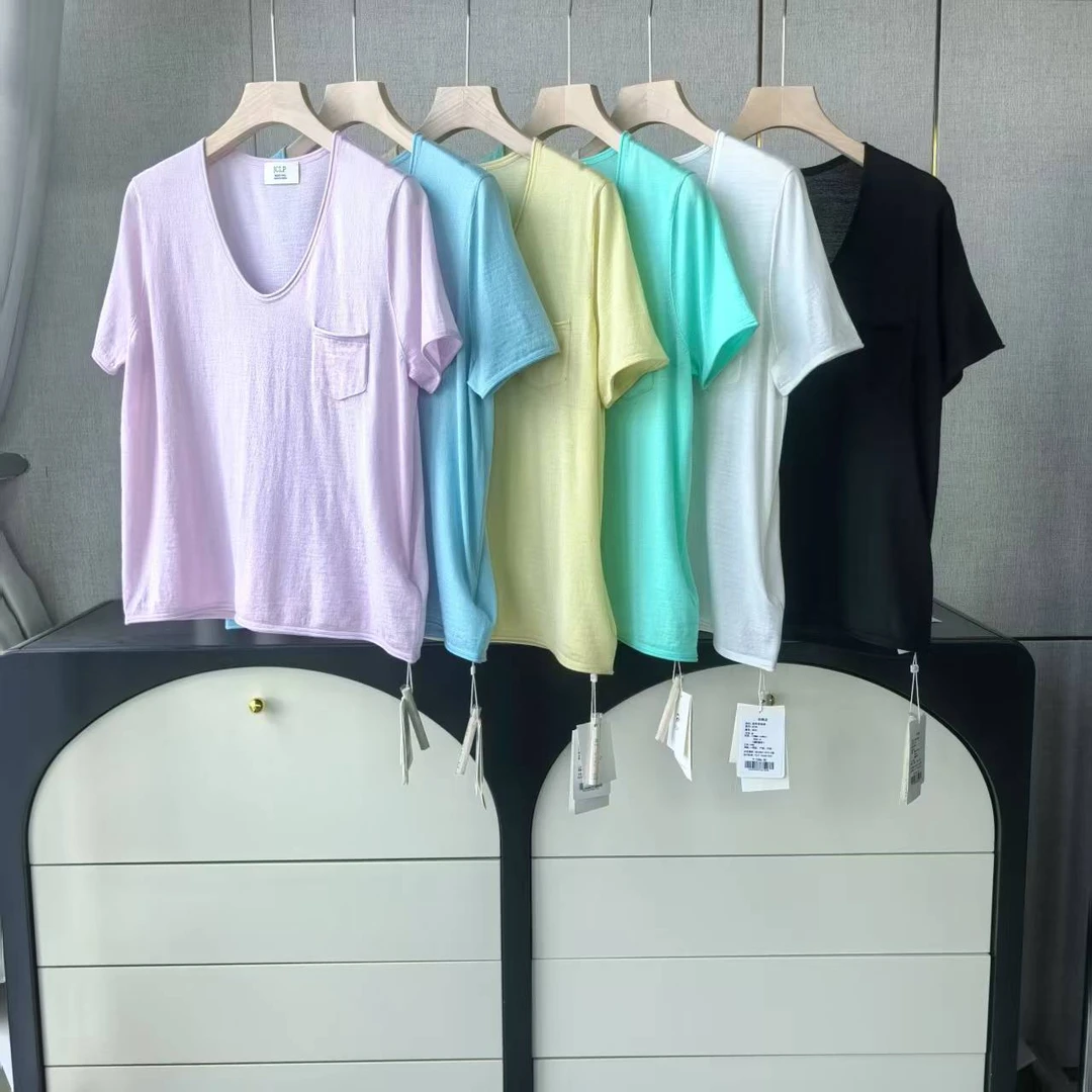 木子家  I   6130【鹅蛋领口袋T】设计感显瘦百搭丝羊毛短袖J