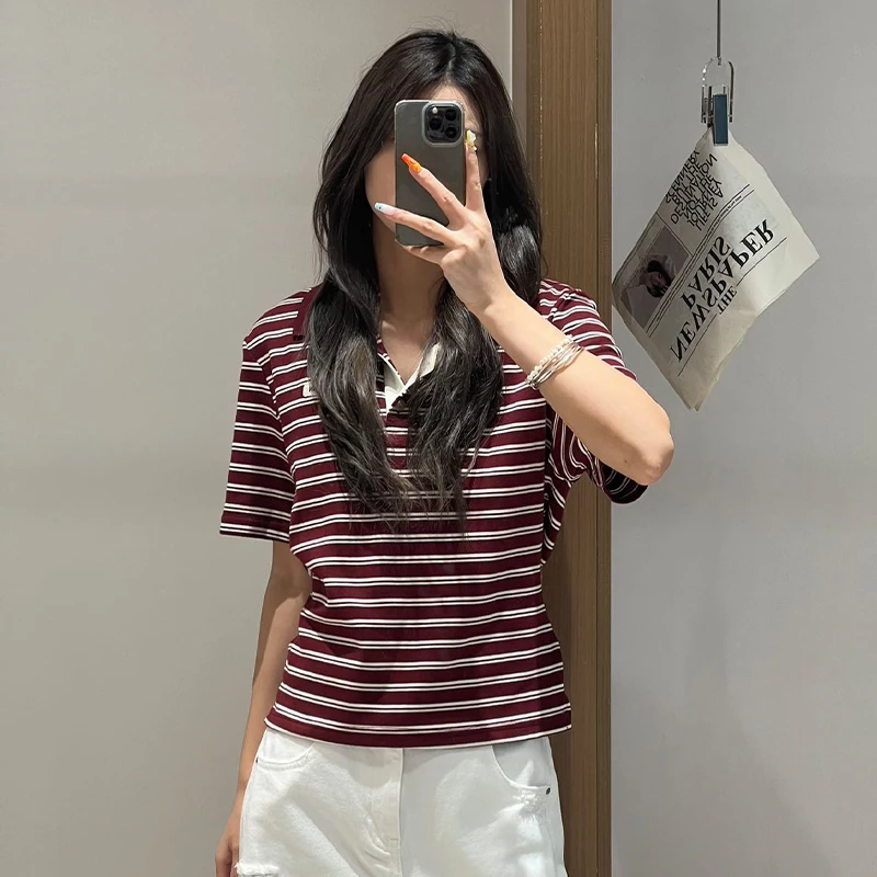 AVVENN2025秋季新品撞色螺纹领后背镂空条纹PoloT恤