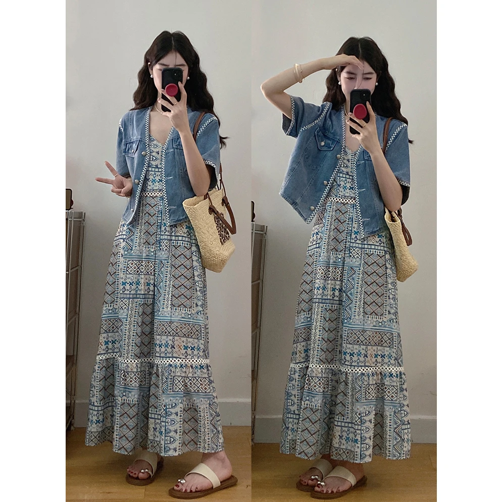 大码女装牛仔短袖夏季薄款+度假风吊带连衣裙胖mm遮肚子两件套装