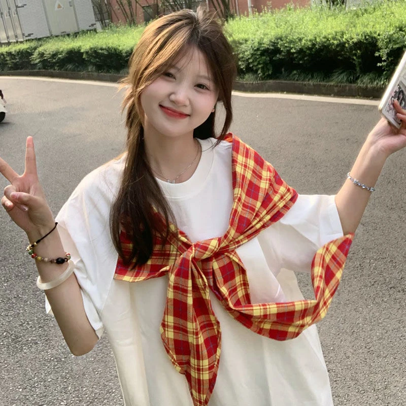 NASA ROAD夏季格子蝴蝶结绑带短袖T恤女设计百搭新款美式复古上衣