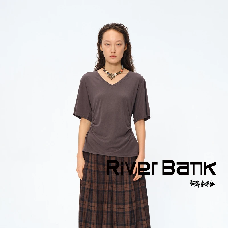 河岸家买手店square circle方圆后背抽褶V领收腰显瘦短袖T恤25春