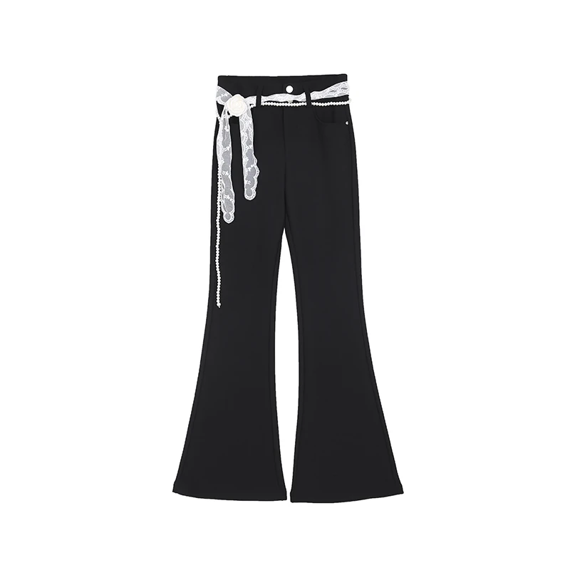 高级微弹垂感蕾丝珠连腰带时尚精致中腰微喇叭裤22308