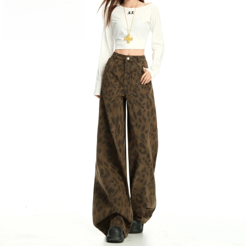 流光风豹纹印花阔腿牛仔裤女士2025秋冬新款高腰显瘦宽松潮流裤子