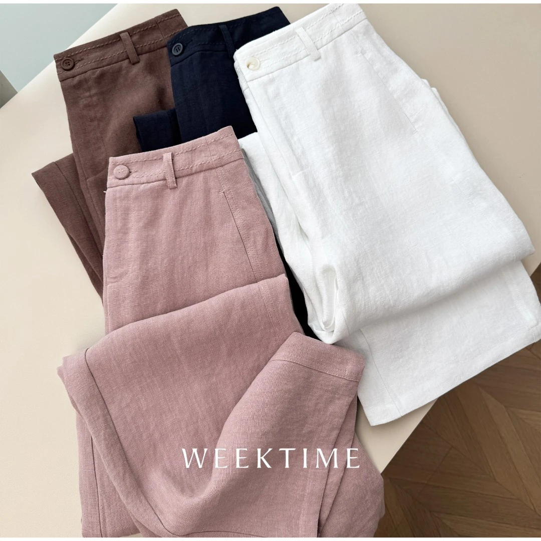 【梨形拯救者】高端简约设计中高腰直筒休闲汉麻休闲裤95221