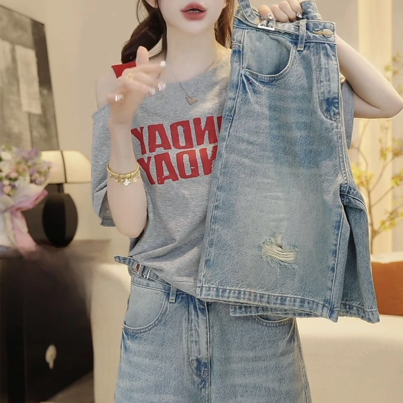 洋气百搭女裤爆款2025夏季美式破洞做旧蓝色宽松牛仔五分短裤女