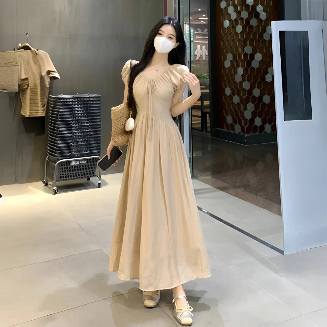 法式温柔风V领泡泡袖长裙女夏季大码胖mm气质减龄显瘦收腰连衣裙