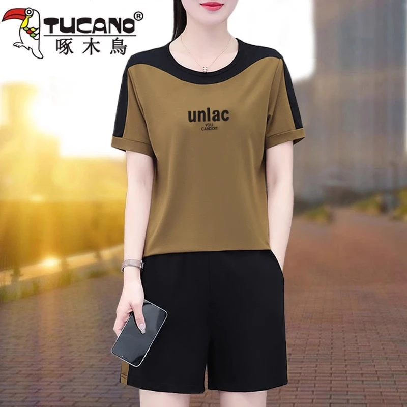 啄木鸟运动短裤套装女夏季2025新款妈妈夏季休闲服宽松跑步两件套