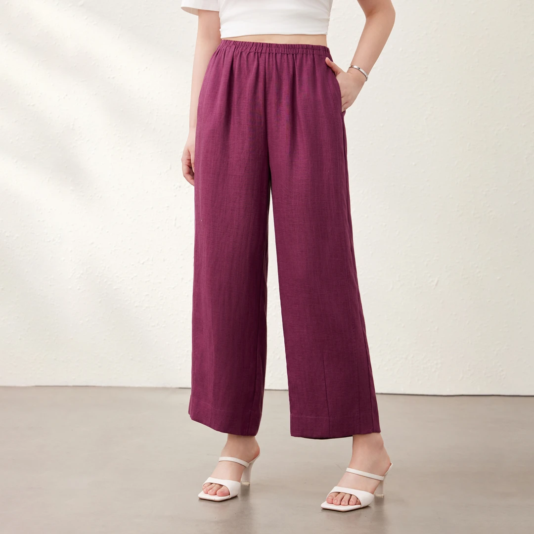 【老钱叙事】纤莉秀W大码女装随时海滩风莱赛尔亚麻九分裤QK2482