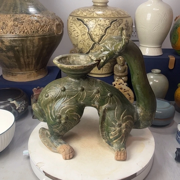 摆件用****5汉绿釉赤龙顶灯摆件1