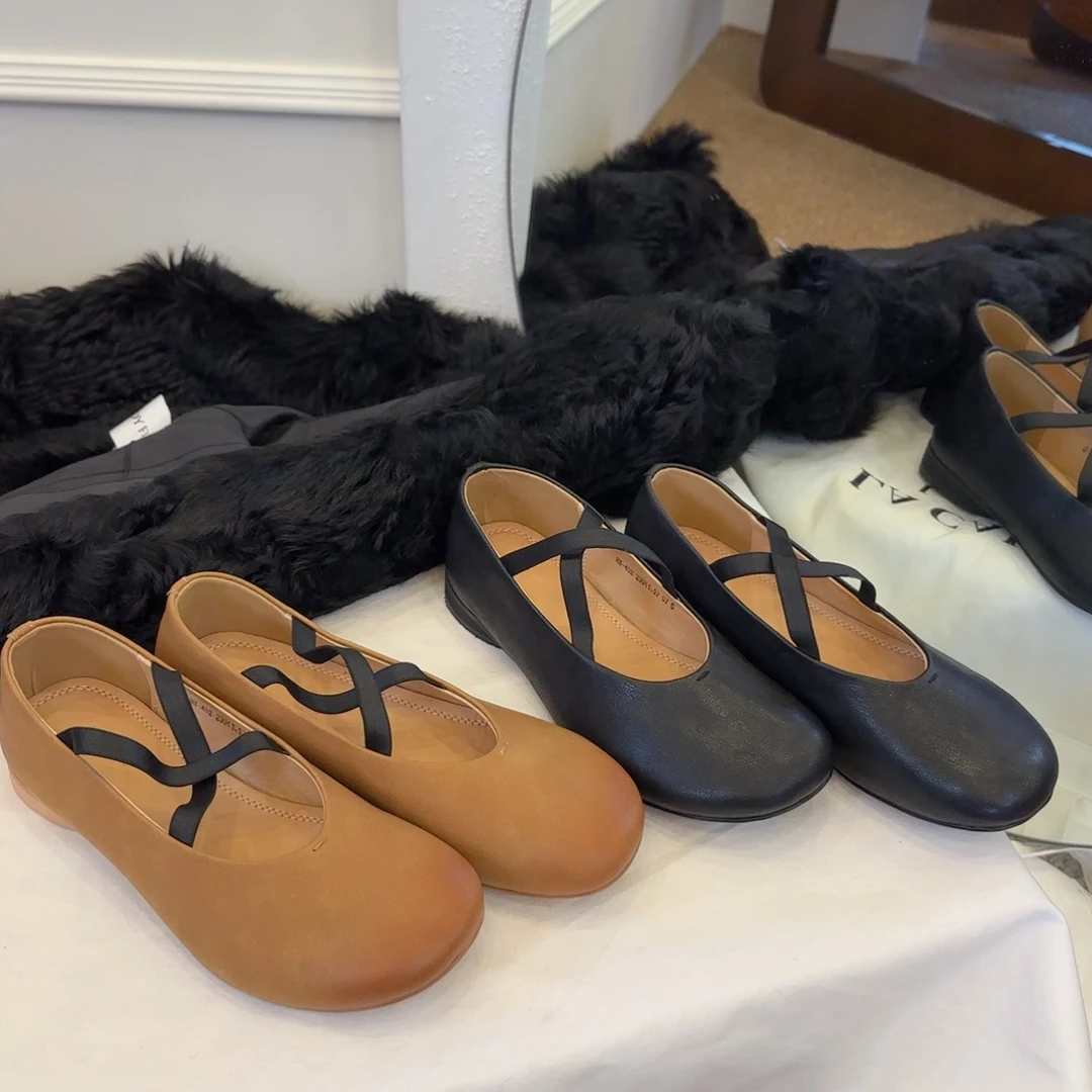 【王二今】羊皮/2CM/圆头交叉带玛丽珍气质休闲芭蕾舞奶奶鞋单鞋女