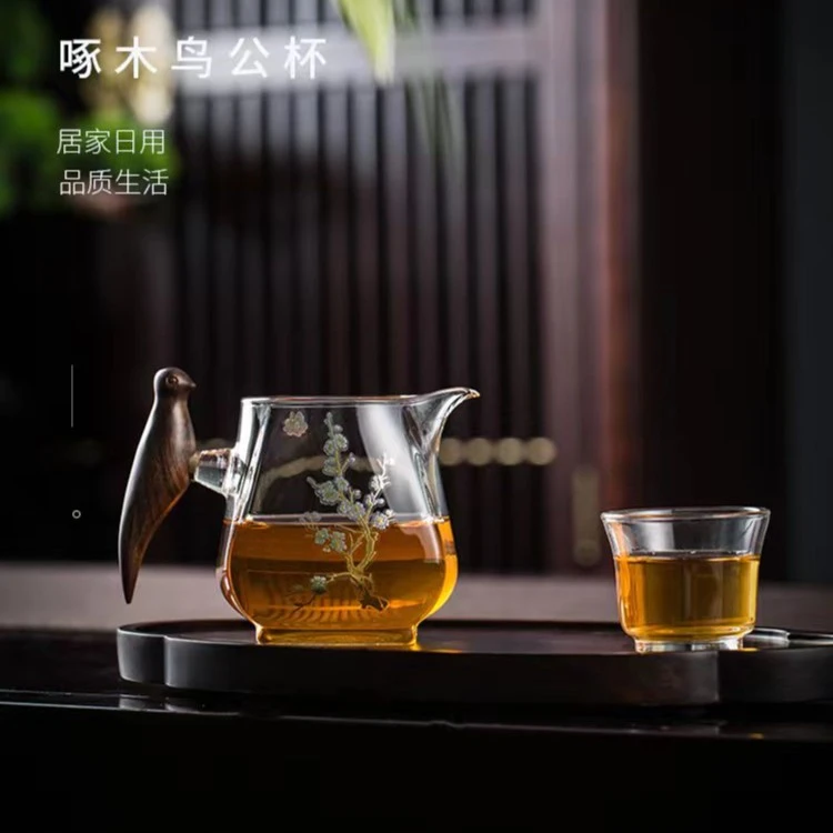 玻璃四方木把喜鹊登梅公道杯分茶器高硼硅耐热玻璃公道杯鹰嘴