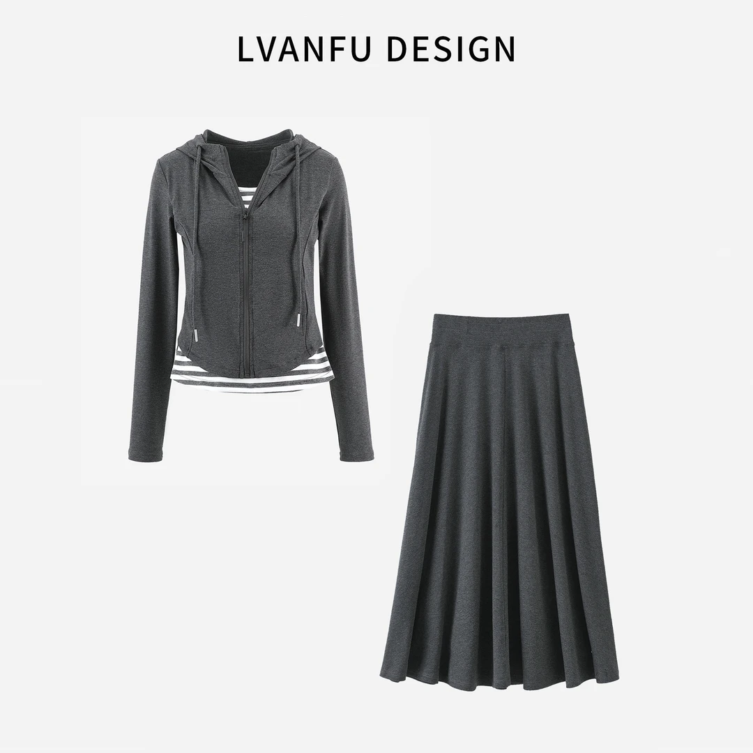 【显瘦神器】早秋新款假两件拼接显瘦连帽薄款裙子套装JY697A/ZN