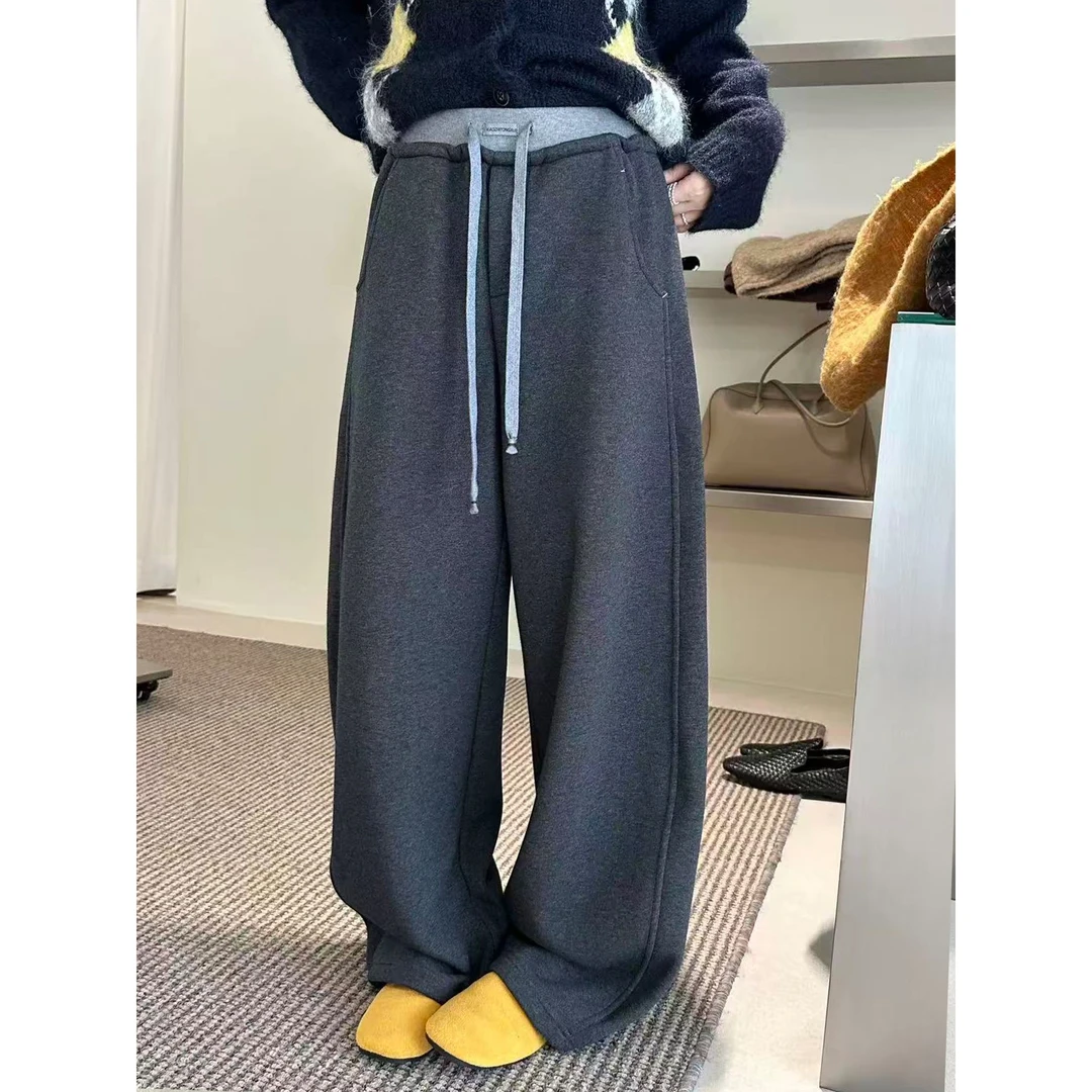 大码女装胖mm240斤裤子女加绒卫裤灰色运动裤宽松阔腿弯刀休闲裤