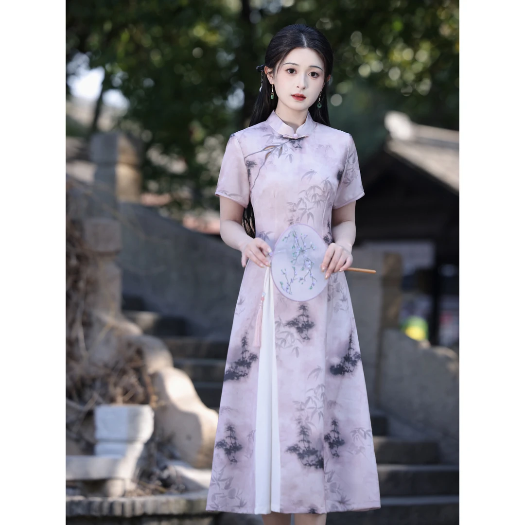 中国风水墨画奥黛旗袍2025新款夏季茶服女新中式连衣裙修身显瘦