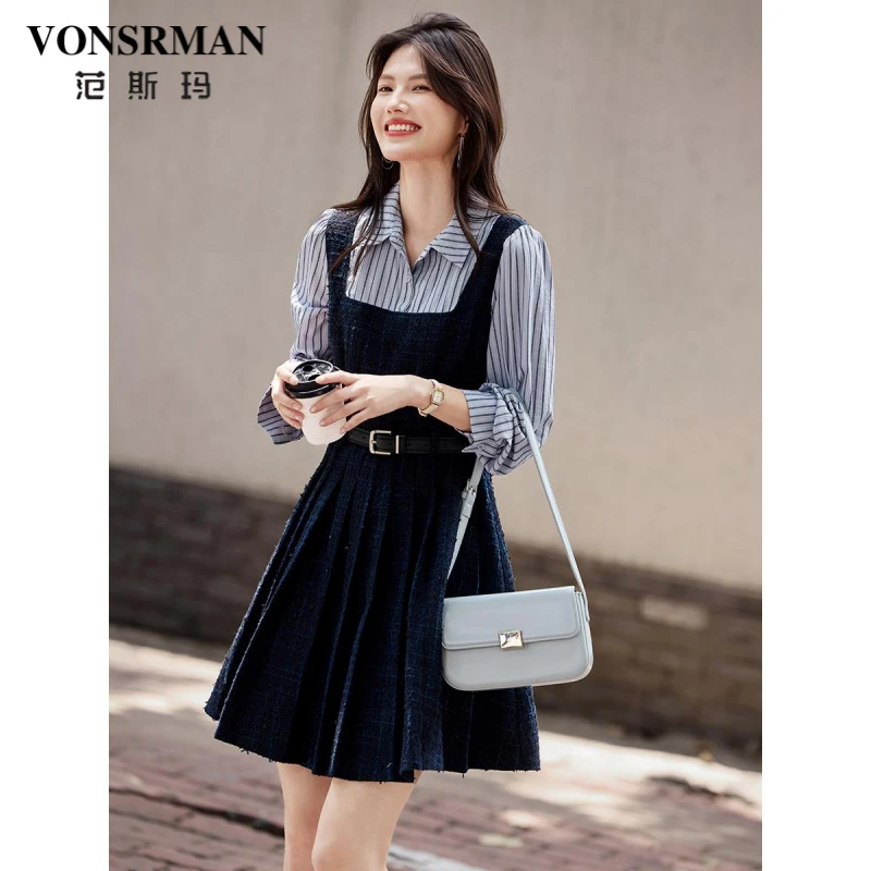 条纹衬衫假两件连衣裙女2025春秋季新款收腰显瘦百搭长袖a字裙潮