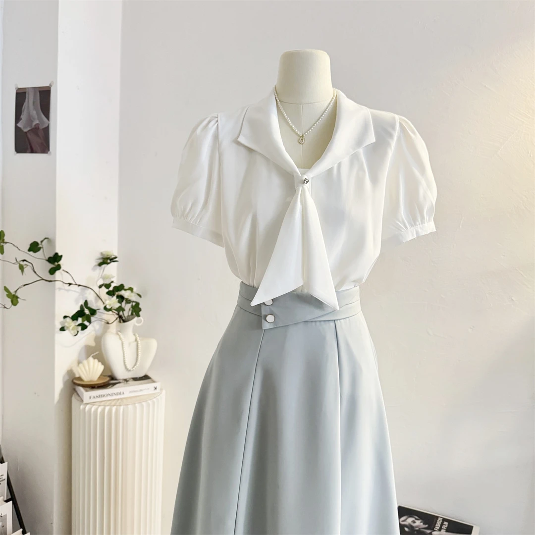 飘带蝴蝶结法式翻领白色短袖衬衫女2025夏季气质通勤衬衣职业上衣